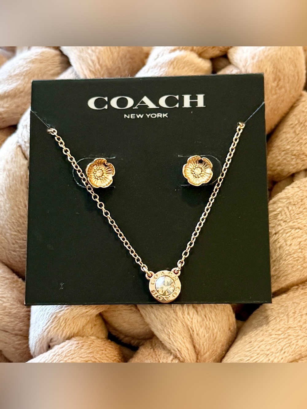 COACH Gold Flower Necklace and Stud Earrings Set